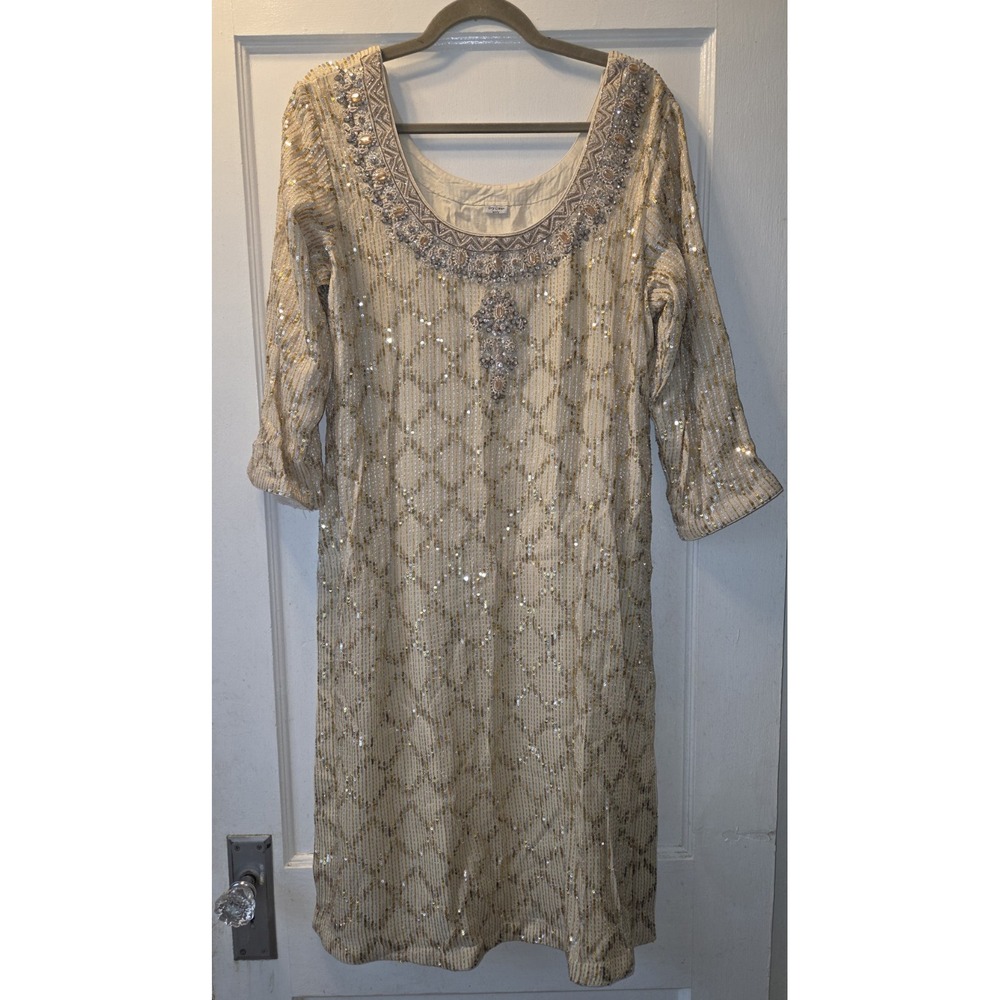 Vintage Women's Cream Gold Sequin Embellished Kurta Tunic, Silk Blend Chiffon